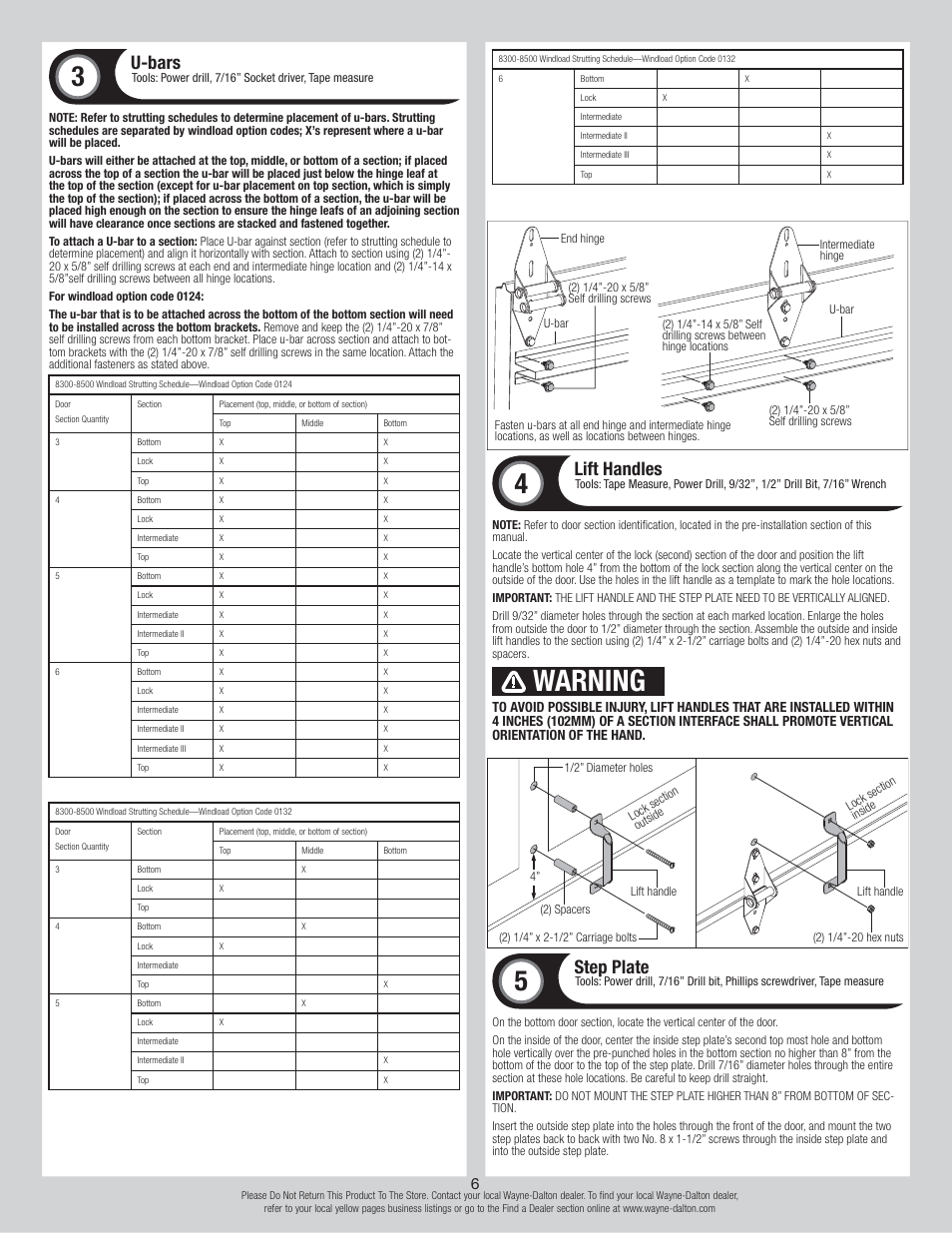 Warning, U-bars, Lift handles | Step plate | Wayne-Dalton TORSION 8500 User Manual | Page 6 / 16