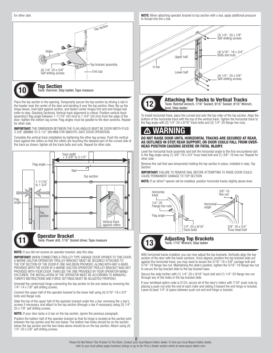 Warning, Operator bracket, Attaching hor tracks to vertical tracks | Adjusting top brackets | Wayne-Dalton TORSION 8500 User Manual | Page 8 / 16