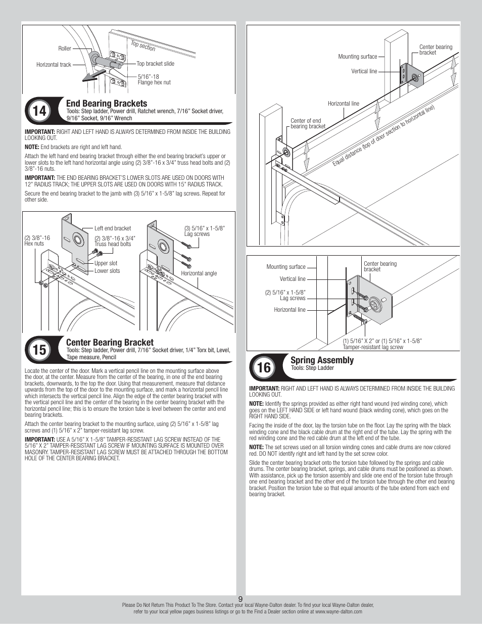 End bearing brackets, Center bearing bracket, Spring assembly | Wayne-Dalton TORSION 8500 User Manual | Page 9 / 16