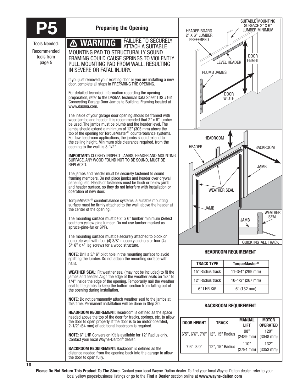 Warning, Preparing the opening | Wayne-Dalton 9100 User Manual | Page 10 / 80