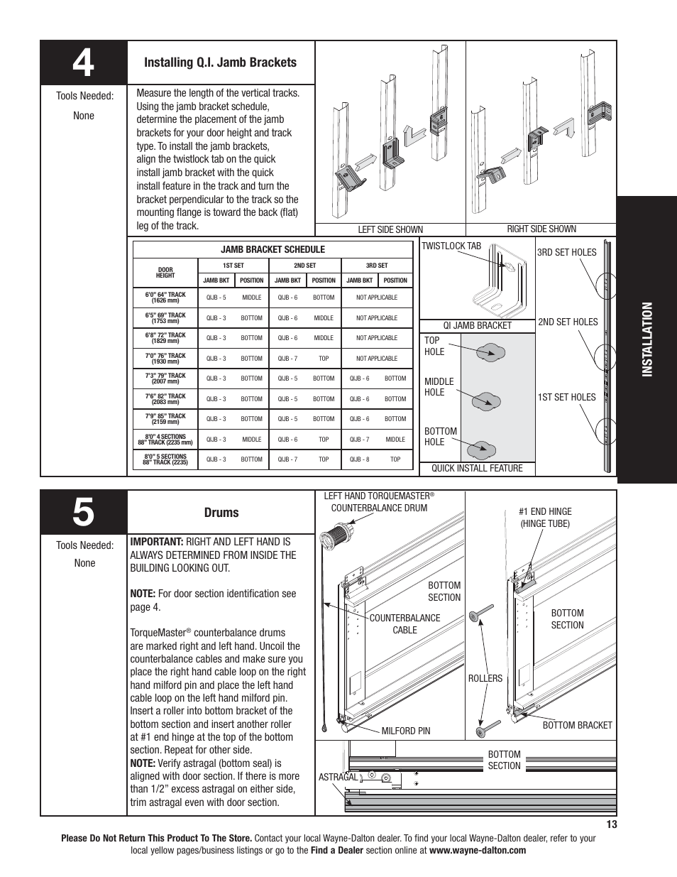 Inst alla tion, Installing q.i. jamb brackets, Drums | Wayne-Dalton 9100 User Manual | Page 13 / 80