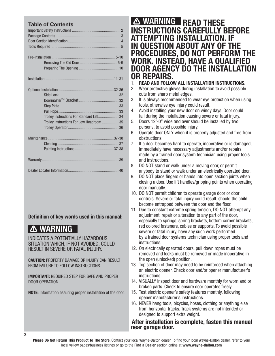 Warning | Wayne-Dalton 9100 User Manual | Page 2 / 80
