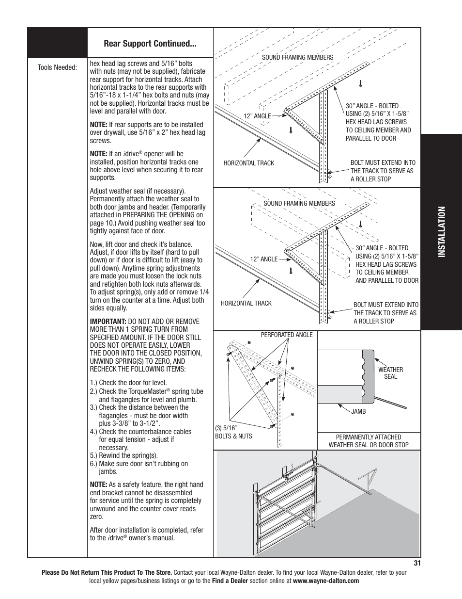 Inst alla tion, Rear support continued | Wayne-Dalton 9100 User Manual | Page 31 / 80