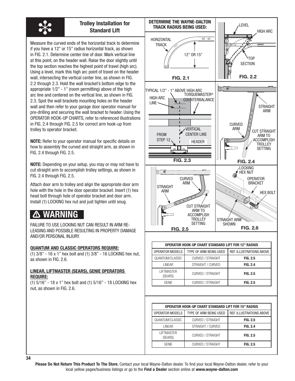 Warning, Trolley installation for standard lift | Wayne-Dalton 9100 User Manual | Page 34 / 80