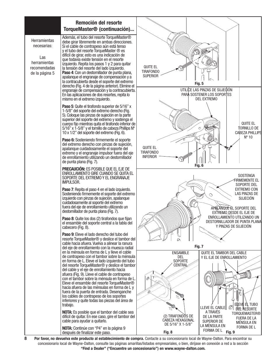 Remoción del resorte torquemaster® (continuación) | Wayne-Dalton 9100 User Manual | Page 48 / 80