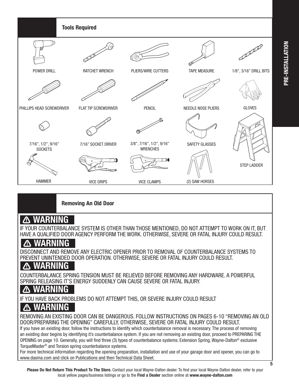 Warning | Wayne-Dalton 9100 User Manual | Page 5 / 80