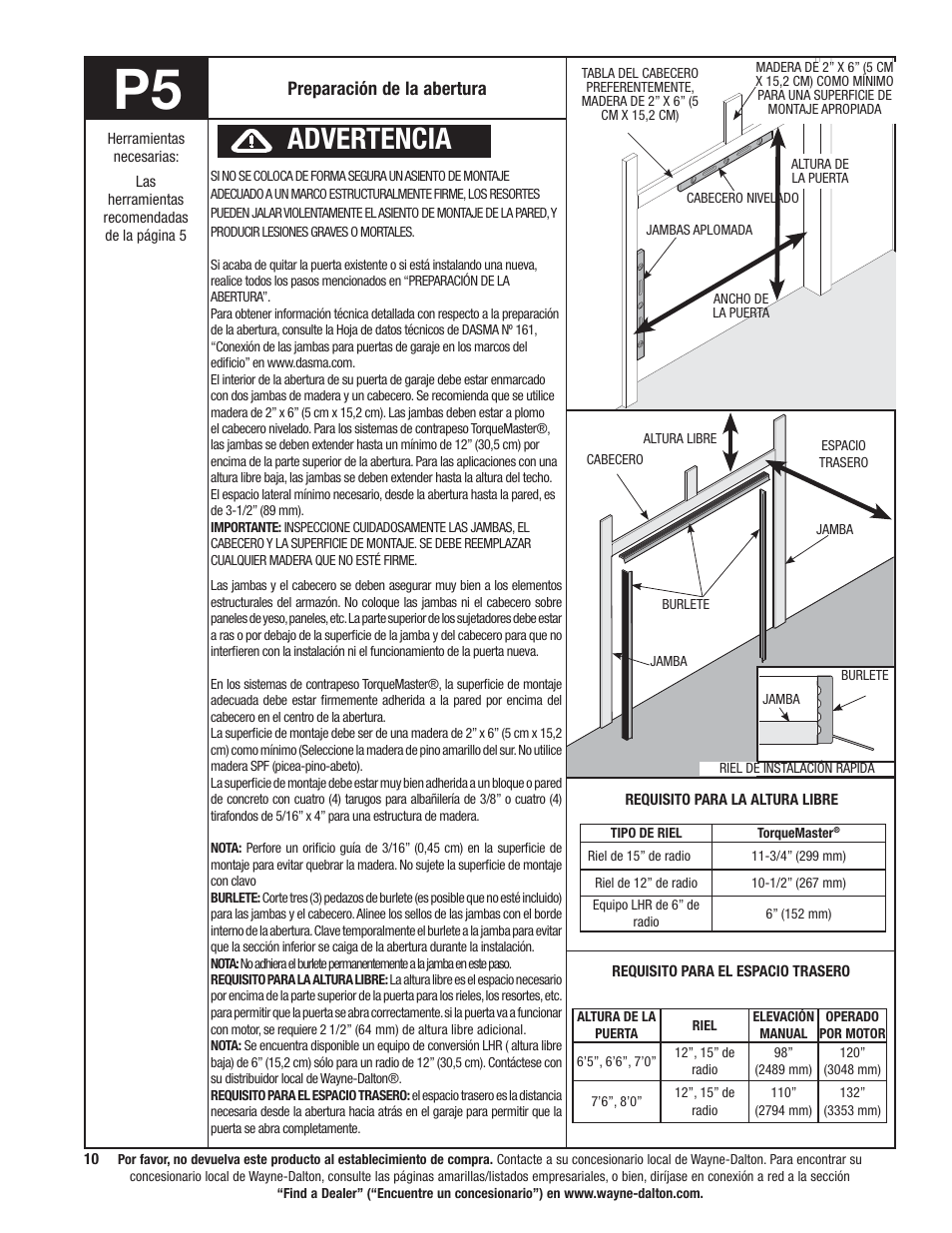 Advertencia | Wayne-Dalton 9100 User Manual | Page 50 / 80