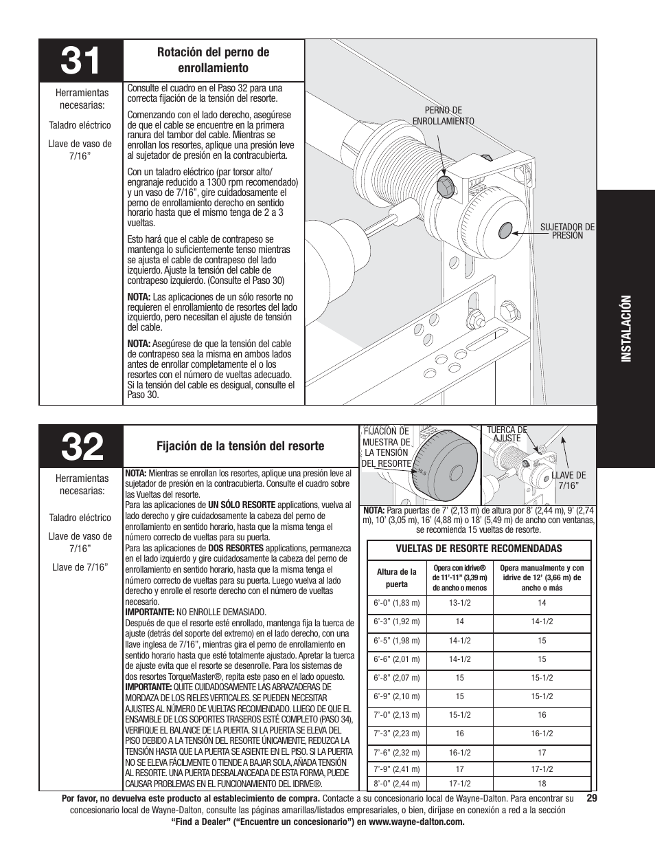 Inst alación, Rotación del perno de enrollamiento, Fijación de la tensión del resorte | Wayne-Dalton 9100 User Manual | Page 69 / 80