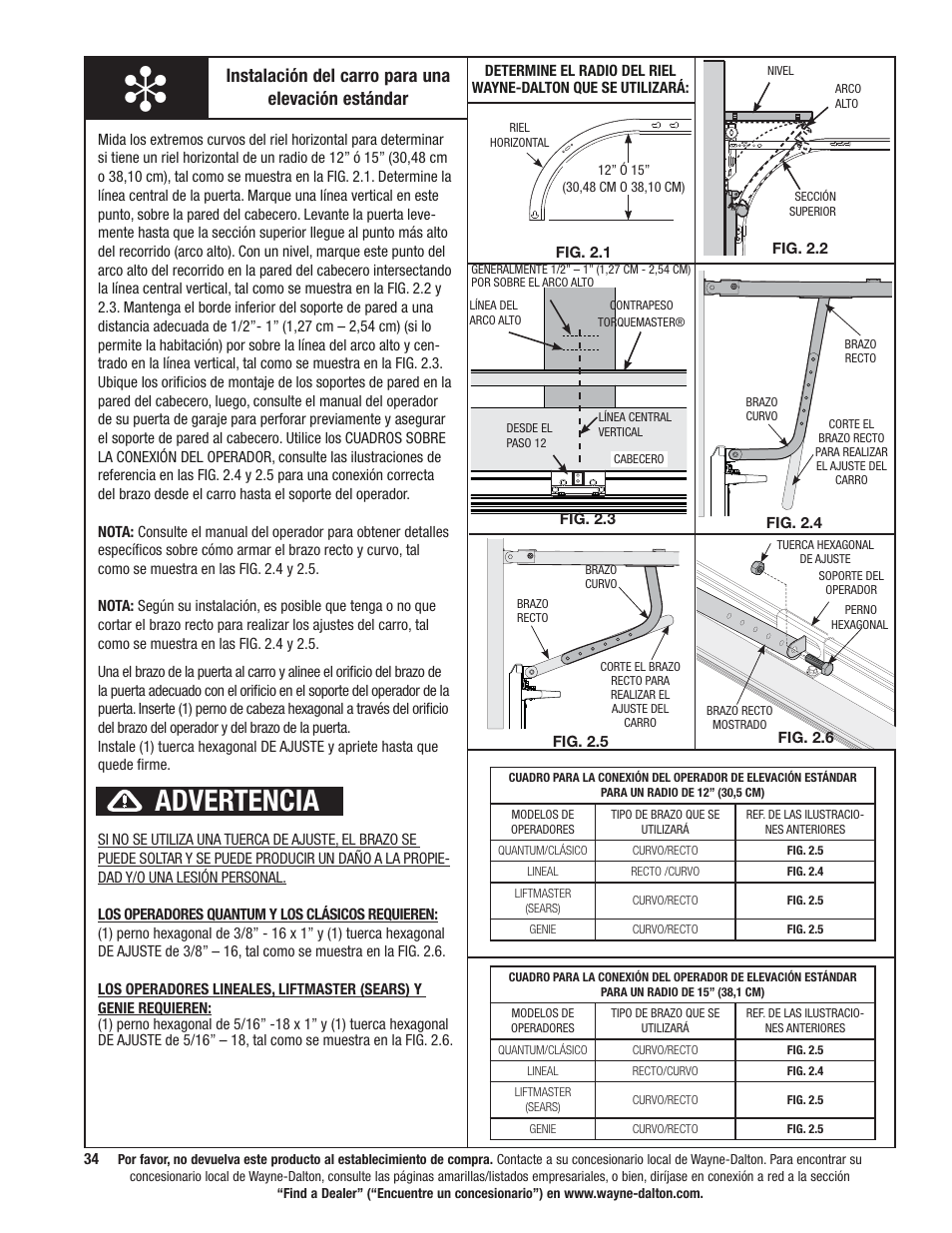 Advertencia, Instalación del carro para una elevación estándar | Wayne-Dalton 9100 User Manual | Page 74 / 80