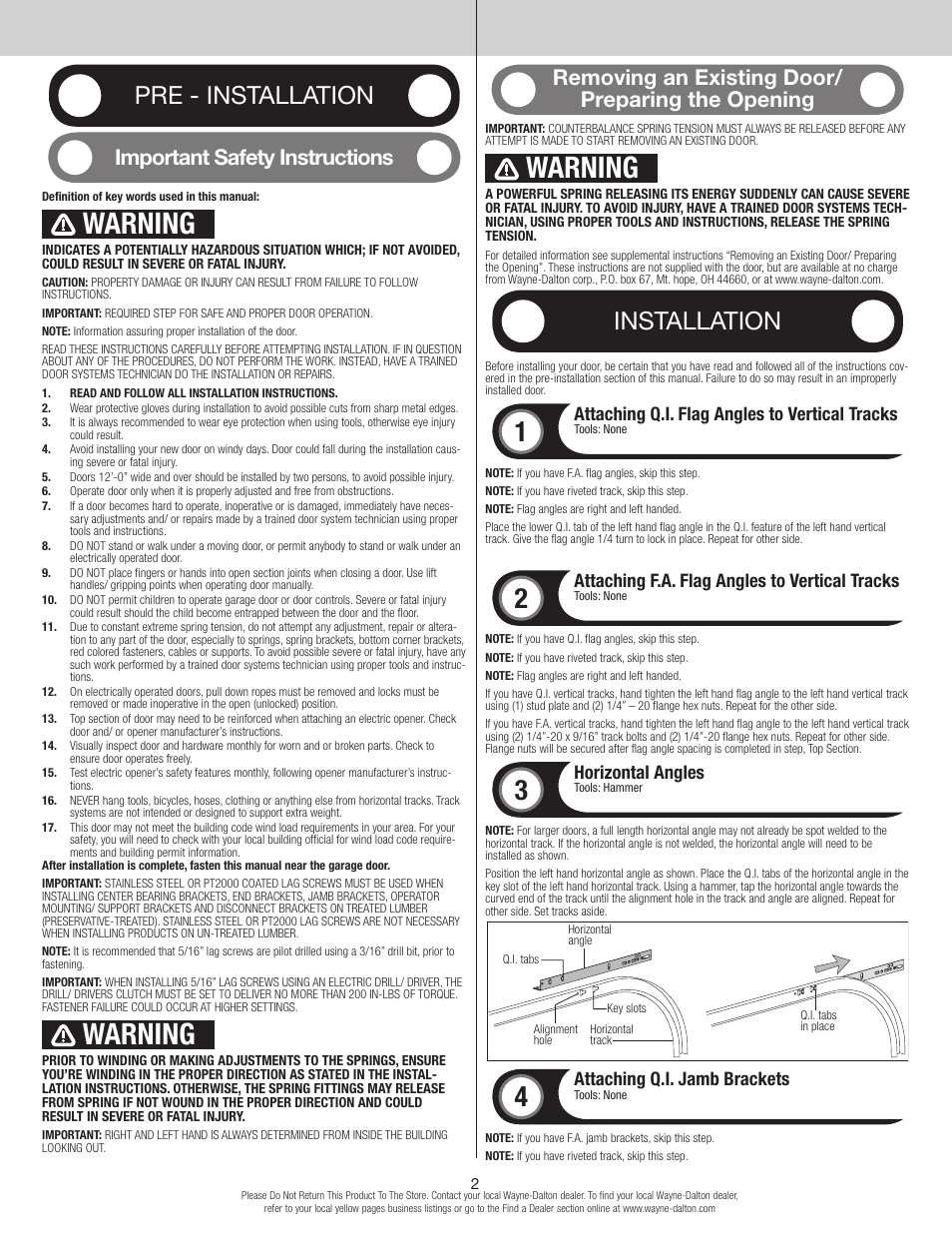 Warning, Pre - installation, Installation | Important safety instructions, Removing an existing door/ preparing the opening, Attaching q.i. flag angles to vertical tracks, Attaching f.a. flag angles to vertical tracks, Horizontal angles, Attaching q.i. jamb brackets | Wayne-Dalton TORQUE MASTER PLUS 9400 User Manual | Page 2 / 10