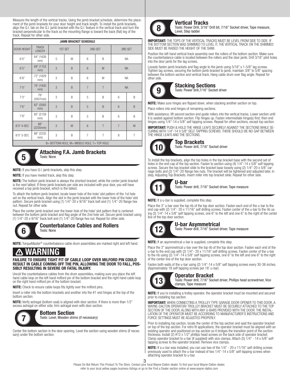 Warning, Attaching f.a. jamb brackets, Counterbalance cables and rollers | Vertical tracks, Top brackets, U-bar, U-bar asymmetrical, Operator bracket | Wayne-Dalton TORQUE MASTER PLUS 9400 User Manual | Page 3 / 10