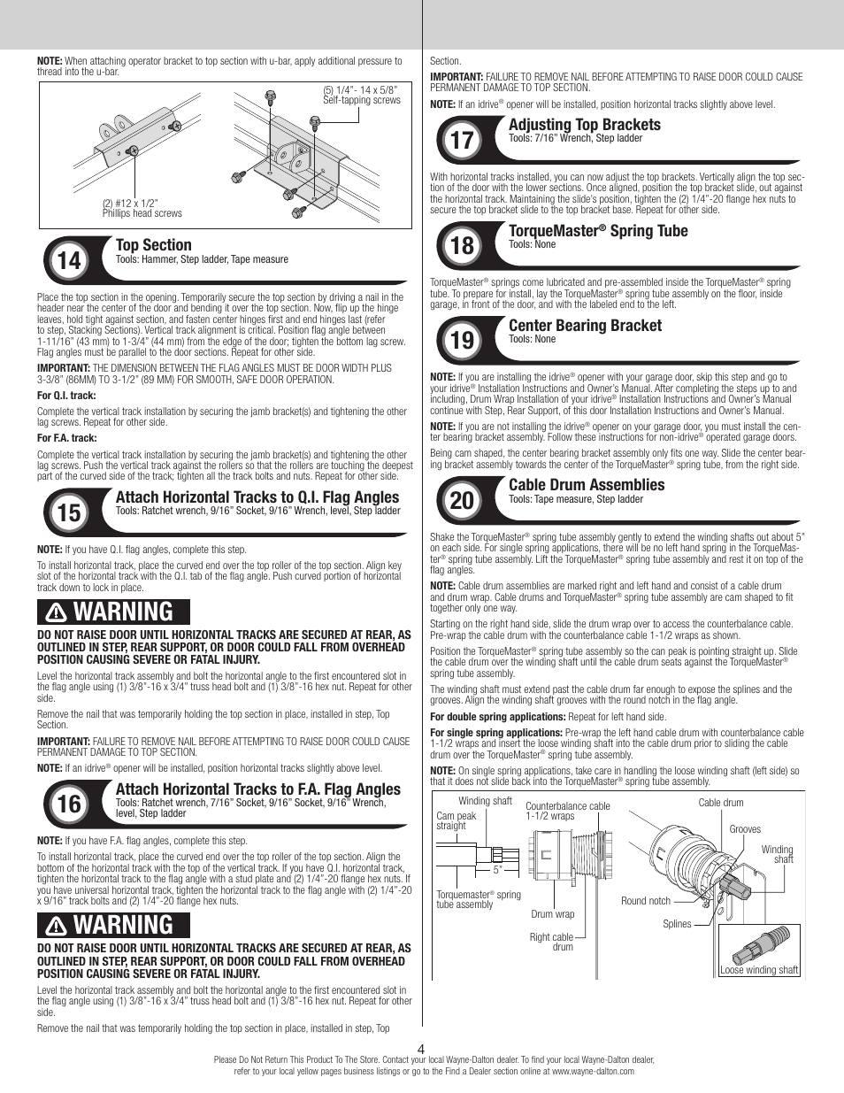 Warning, Attach horizontal tracks to q.i. flag angles, Attach horizontal tracks to f.a. flag angles | Adjusting top brackets, Torquemaster, Spring tube, Center bearing bracket, Cable drum assemblies | Wayne-Dalton TORQUE MASTER PLUS 9400 User Manual | Page 4 / 10
