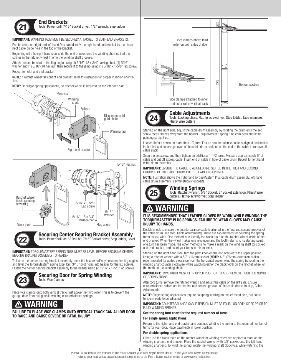 Warning, End brackets, Securing center bearing bracket assembly | Securing door for spring winding, Cable adjustments, Winding springs | Wayne-Dalton TORQUE MASTER PLUS 9400 User Manual | Page 5 / 10