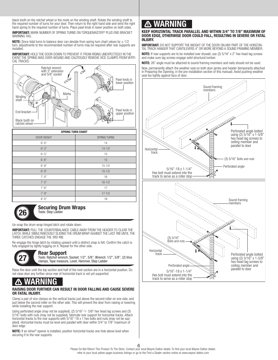 Warning, Securing drum wraps, Rear support | Wayne-Dalton TORQUE MASTER PLUS 9400 User Manual | Page 6 / 10