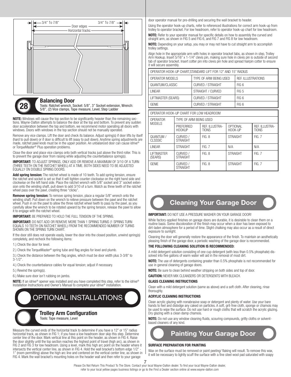 Optional installations, Cleaning your garage door, Painting your garage door | Balancing door, Trolley arm configuration | Wayne-Dalton TORQUE MASTER PLUS 9400 User Manual | Page 7 / 10