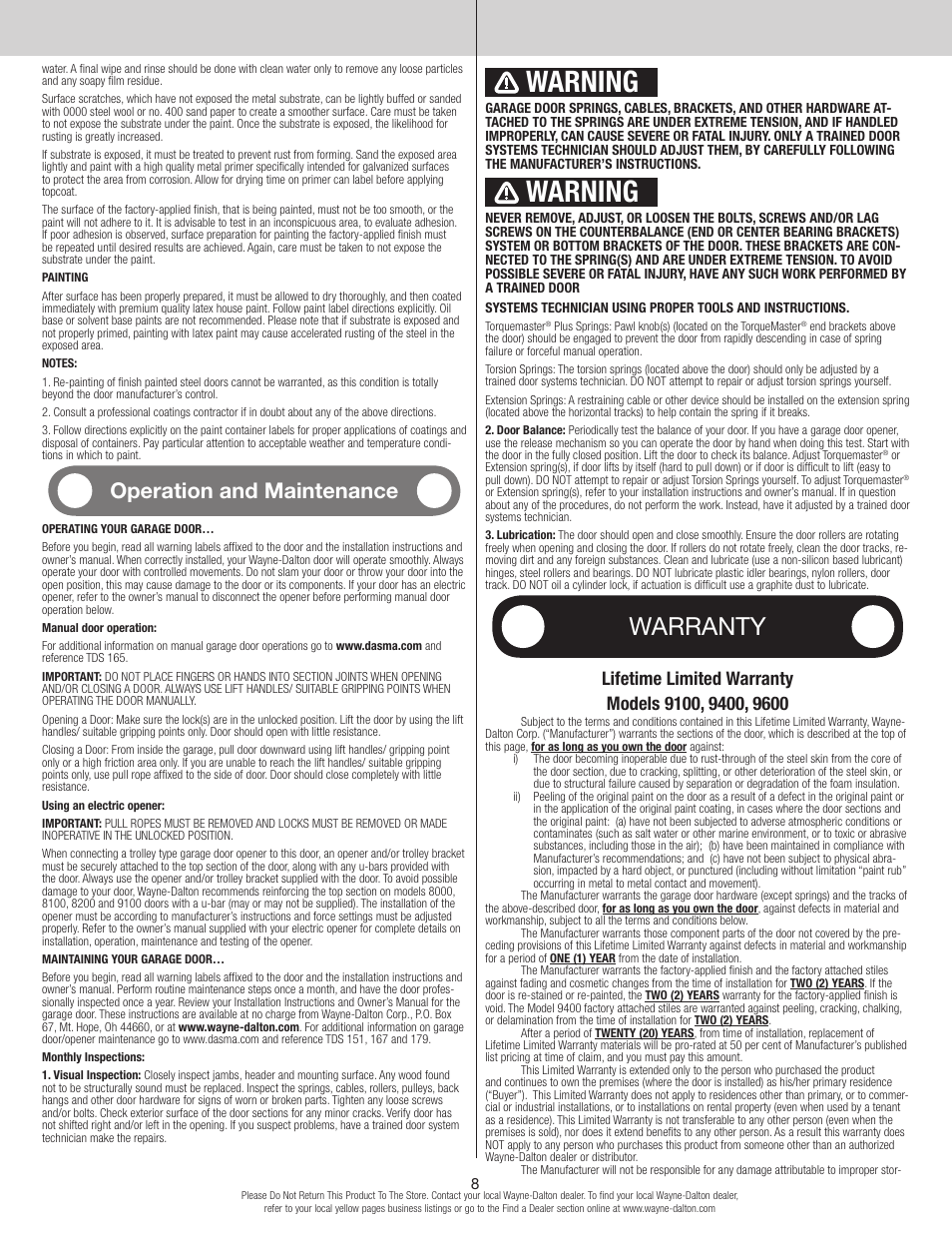 Warning, Warranty, Operation and maintenance | Wayne-Dalton TORQUE MASTER PLUS 9400 User Manual | Page 8 / 10