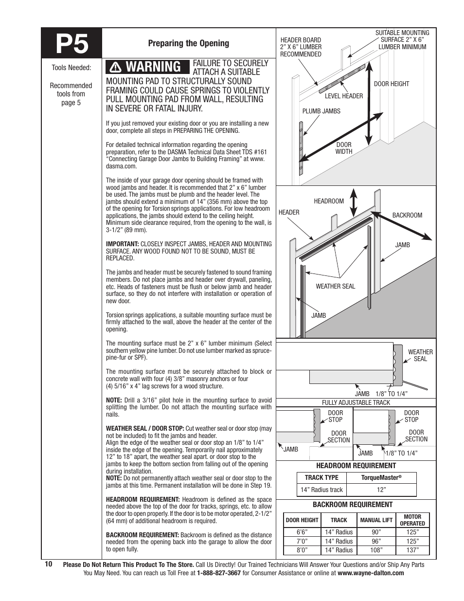 Warning, Preparing the opening | Wayne-Dalton TORSION SPRING 9800 User Manual | Page 10 / 32