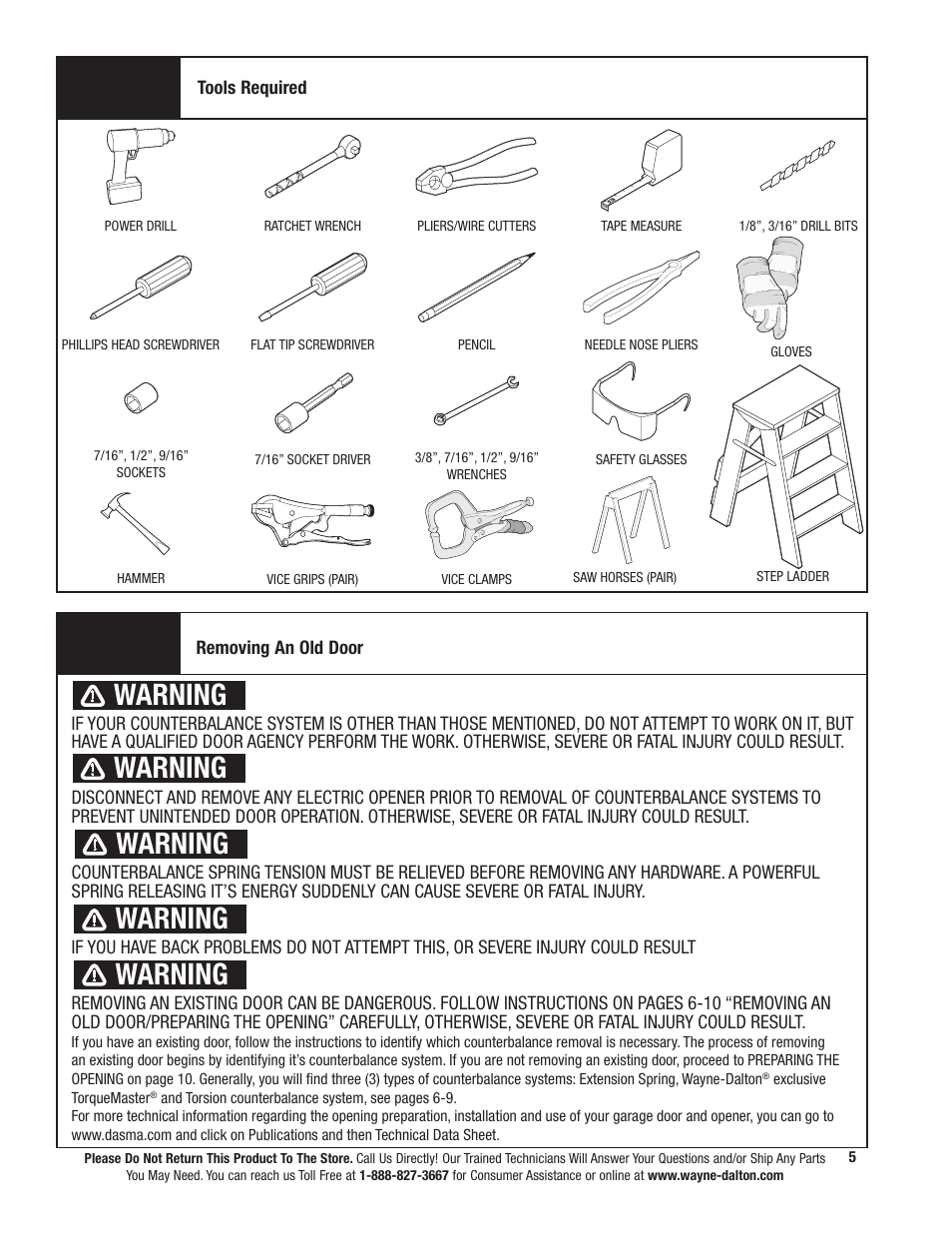 Warning | Wayne-Dalton TORSION SPRING 9800 User Manual | Page 5 / 32