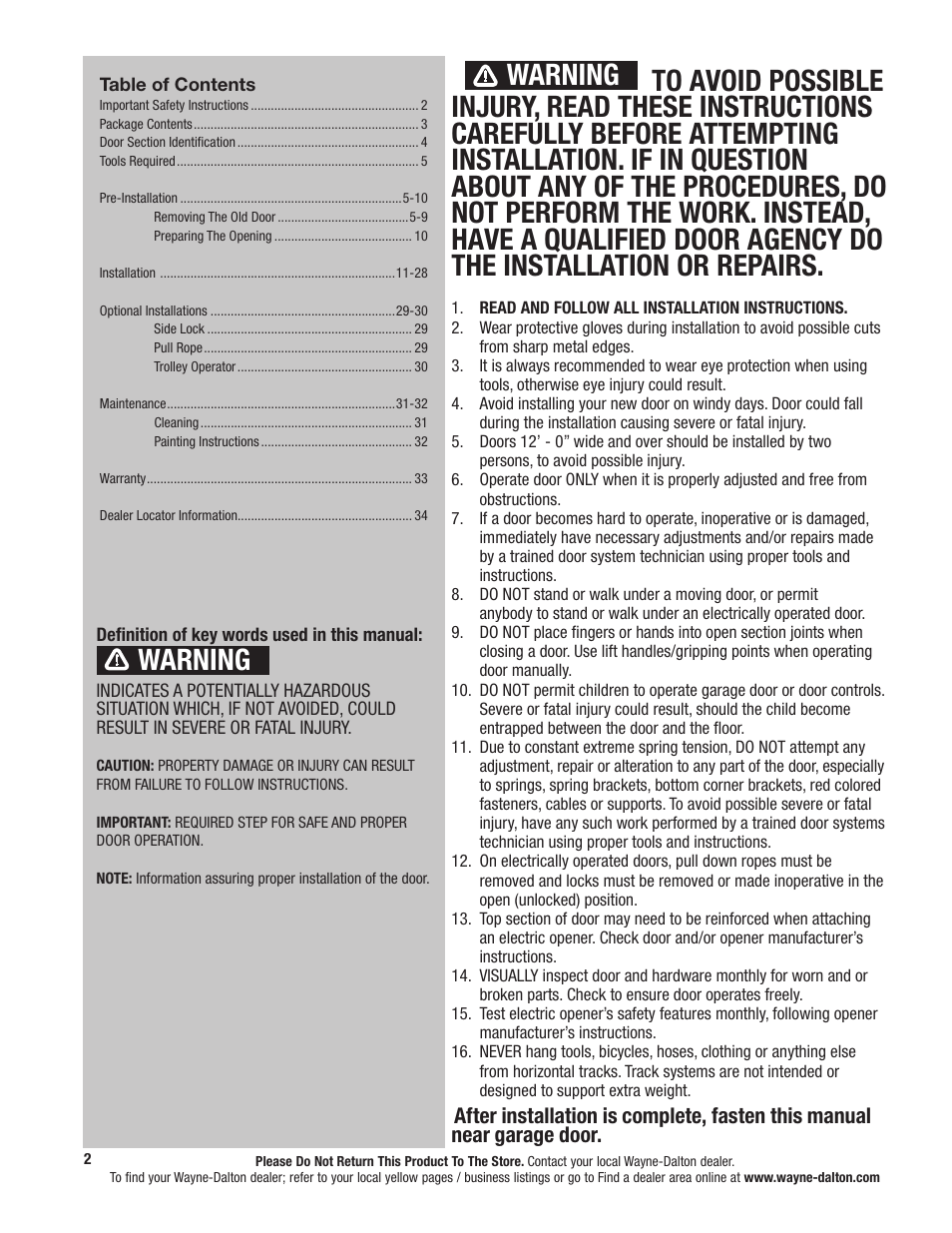 Warning | Wayne-Dalton 9800 User Manual | Page 2 / 34