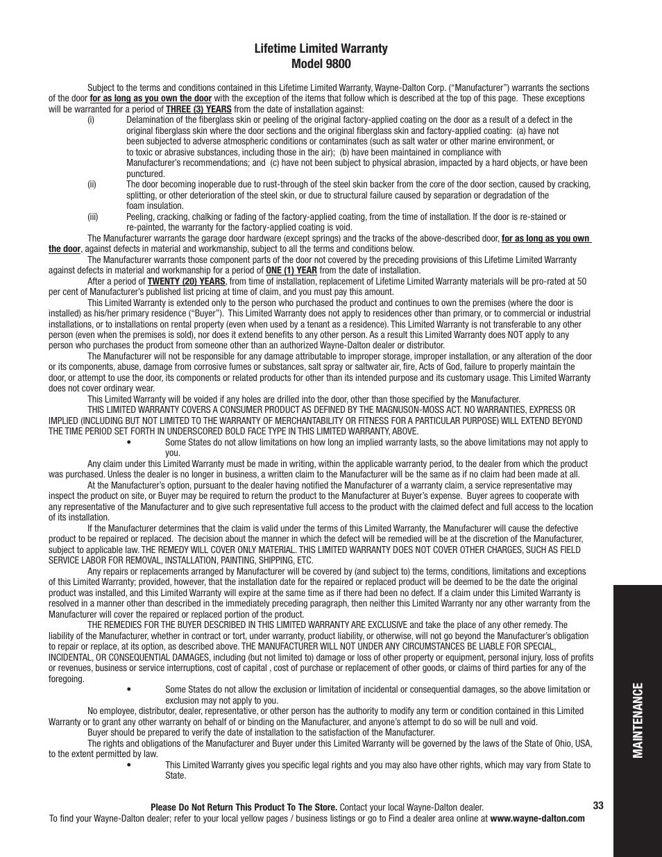 Maintenance lifetime limited warranty model 9800 | Wayne-Dalton 9800 User Manual | Page 33 / 34
