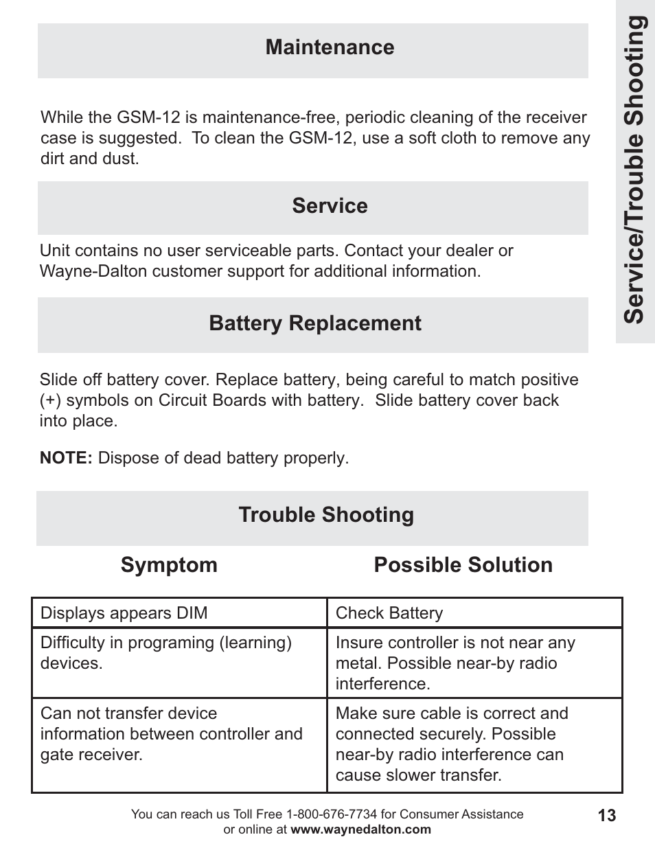 Service/t rouble shooting, Service, Trouble shooting symptom possible solution | Maintenance, Battery replacement | Wayne-Dalton GSM-12 User Manual | Page 13 / 15