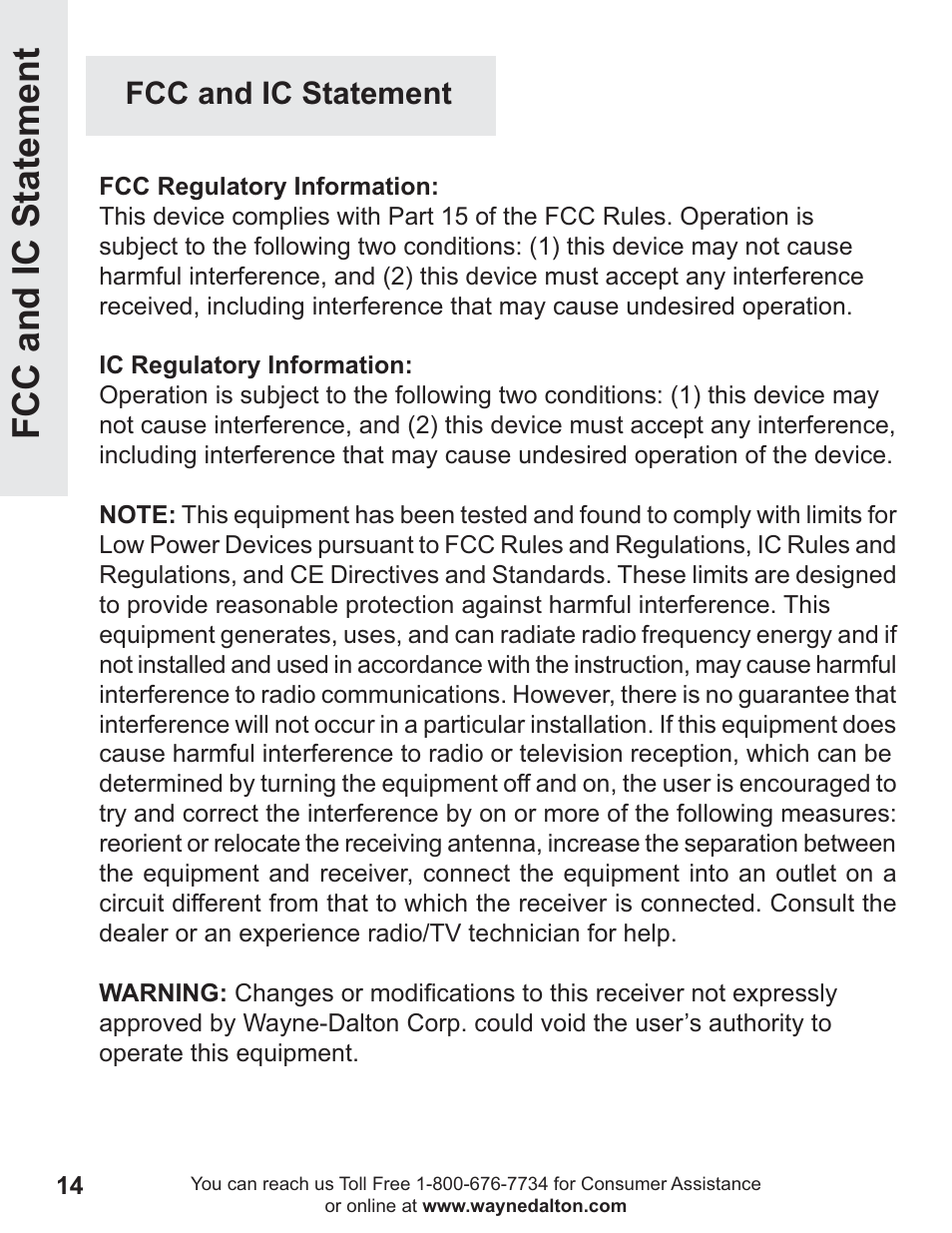 Fcc and ic statement | Wayne-Dalton GSM-12 User Manual | Page 14 / 15