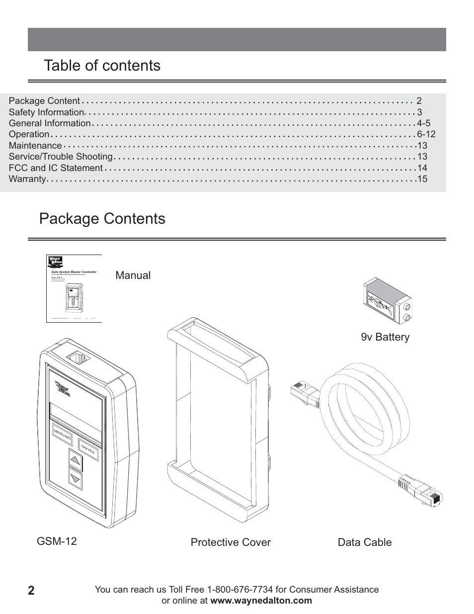 Table of contents package contents, Protective cover 9v battery gsm-12 data cable, Manual | Wayne-Dalton GSM-12 User Manual | Page 2 / 15