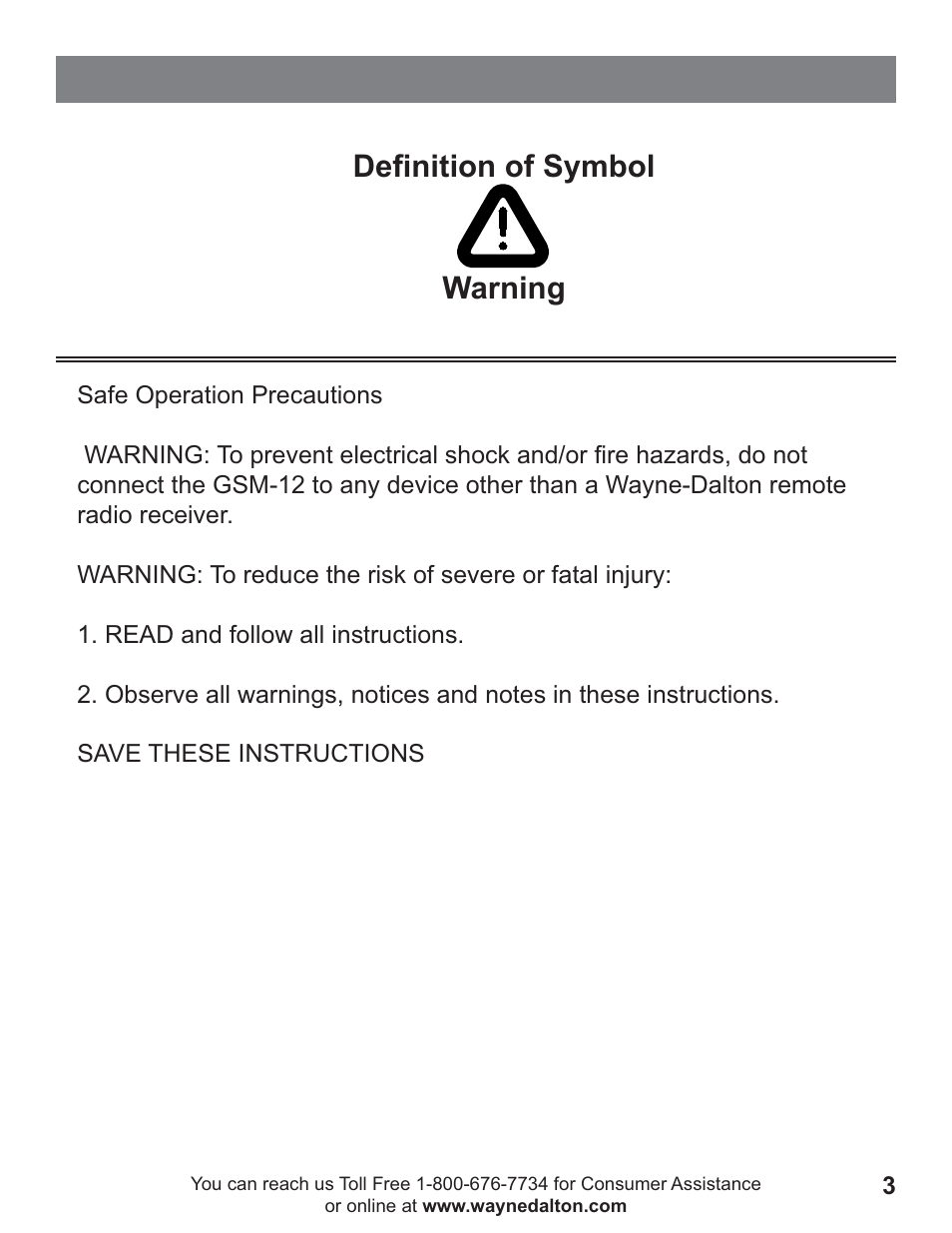 Warning deﬁnition of symbol | Wayne-Dalton GSM-12 User Manual | Page 3 / 15