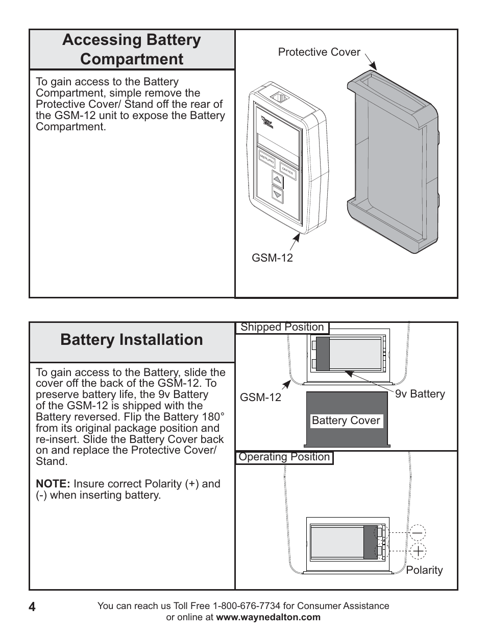 Battery installation accessing battery compartment | Wayne-Dalton GSM-12 User Manual | Page 4 / 15