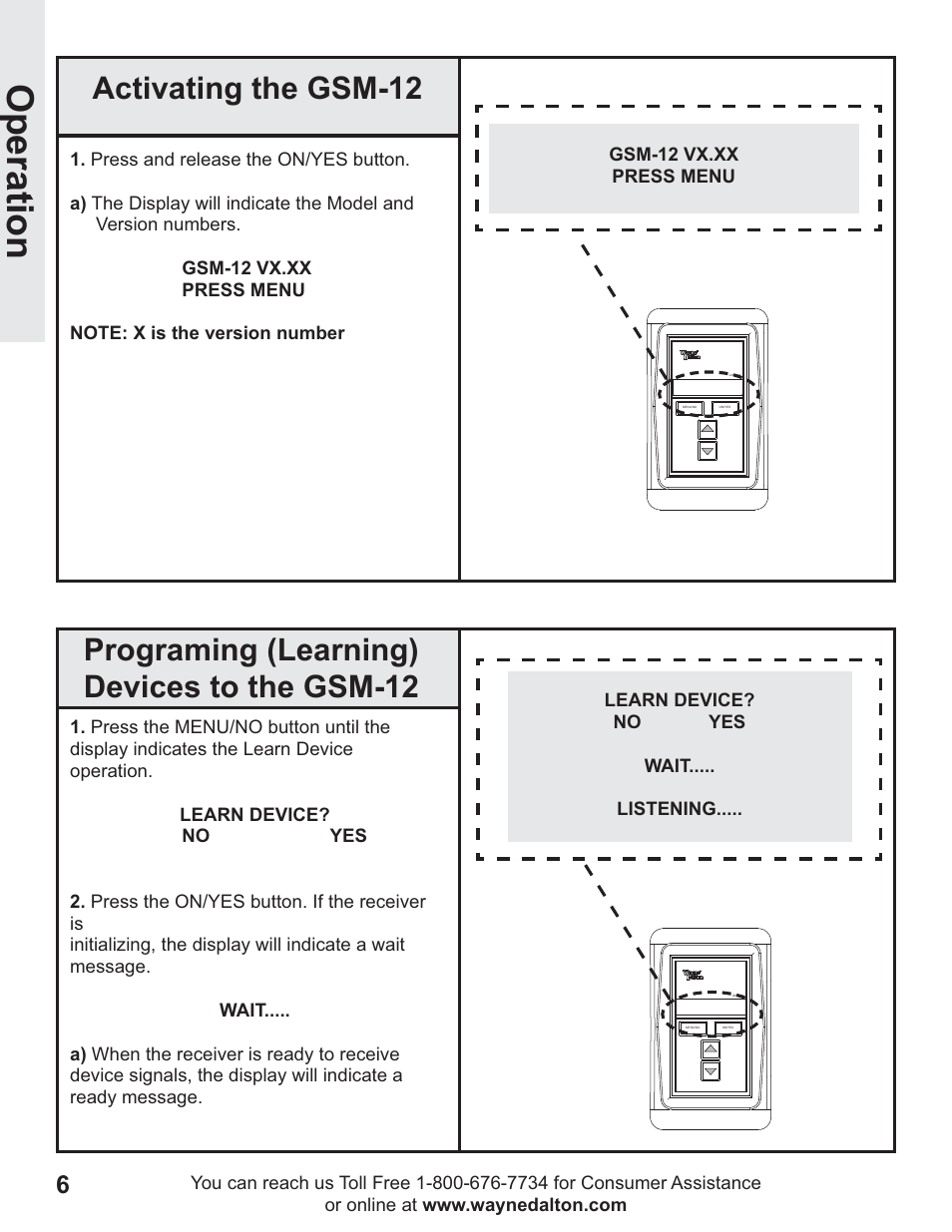 Op eration, Activating the gsm-12, Programing (learning) devices to the gsm-12 | Wayne-Dalton GSM-12 User Manual | Page 6 / 15