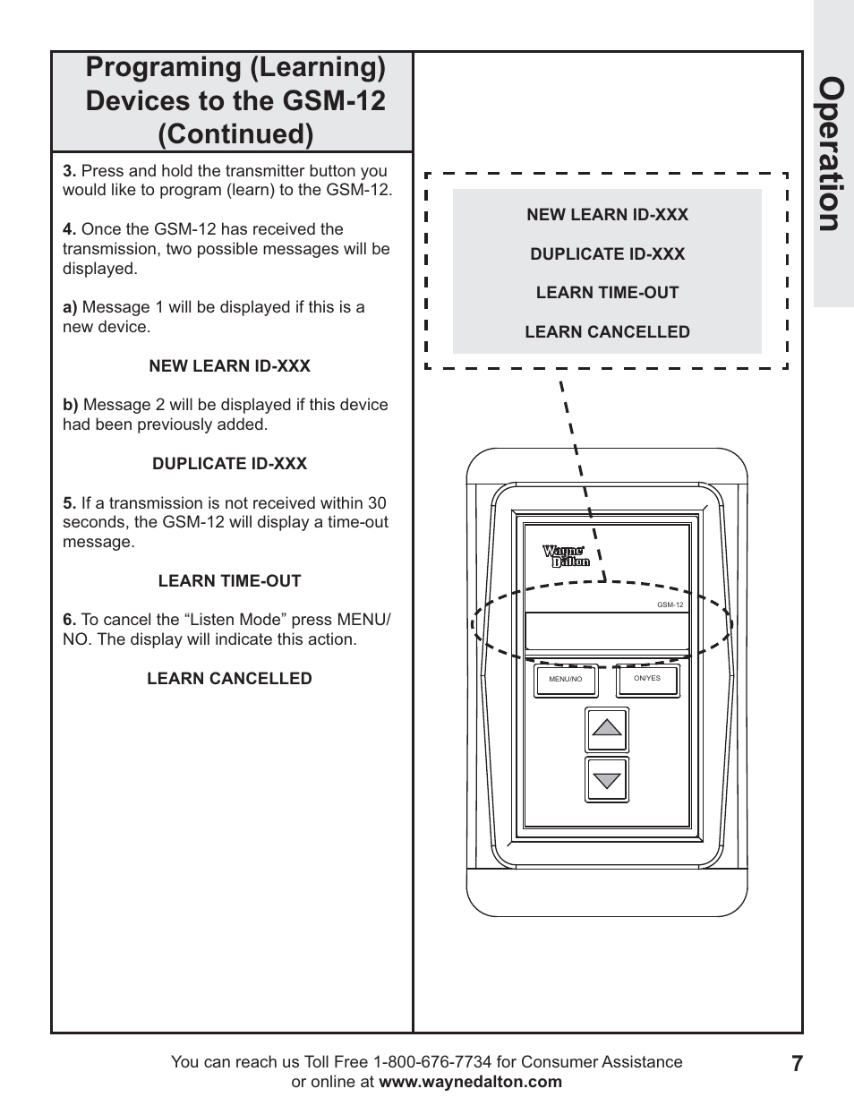 Operation | Wayne-Dalton GSM-12 User Manual | Page 7 / 15