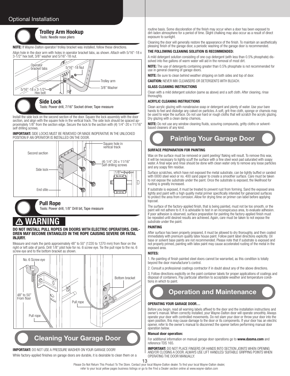 Warning, Cleaning your garage door, Painting your garage door | Operation and maintenance, Trolley arm hookup, Side lock, Pull rope, Optional installation | Wayne-Dalton 8300 User Manual | Page 13 / 16