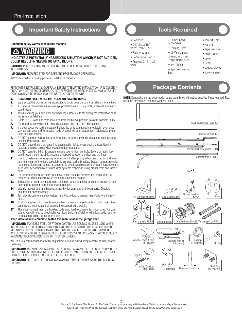 Warning, Important safety instructions, Tools required | Package contents, Pre-installation | Wayne-Dalton 8300 User Manual | Page 2 / 16