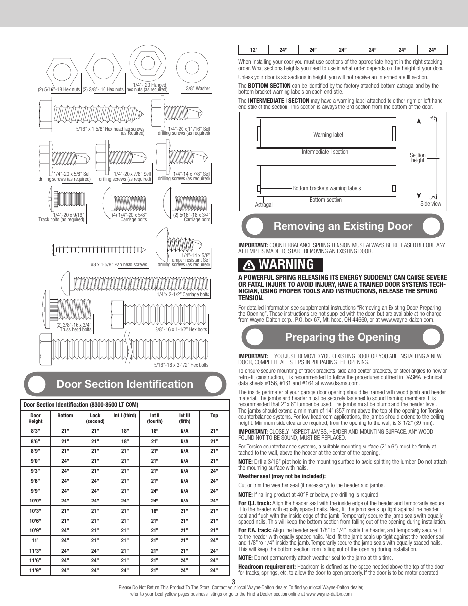 Warning, Removing an existing door, Preparing the opening | Wayne-Dalton 8300 User Manual | Page 3 / 16