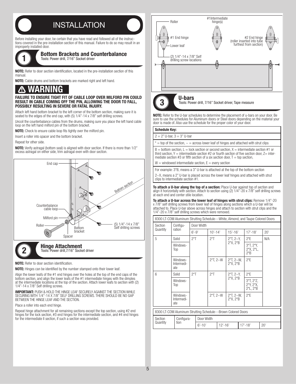 Warning, Installation, Bottom brackets and counterbalance | Hinge attachment, U-bars | Wayne-Dalton 8300 User Manual | Page 5 / 16