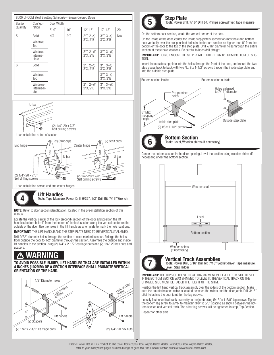 Warning, Lift handles, Step plate | Vertical track assemblies | Wayne-Dalton 8300 User Manual | Page 7 / 16