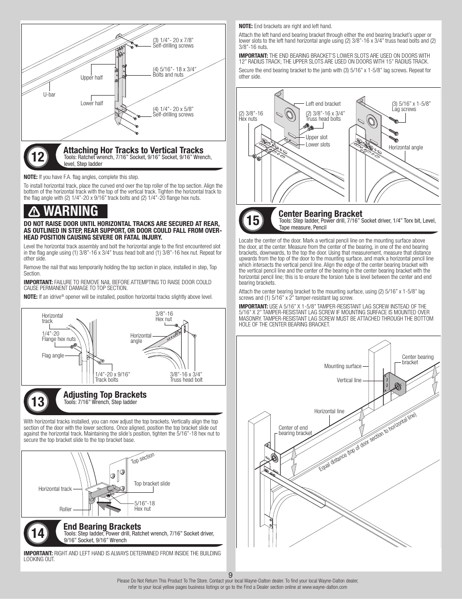 Warning, Attaching hor tracks to vertical tracks, Adjusting top brackets | End bearing brackets, Center bearing bracket | Wayne-Dalton 8300 User Manual | Page 9 / 16