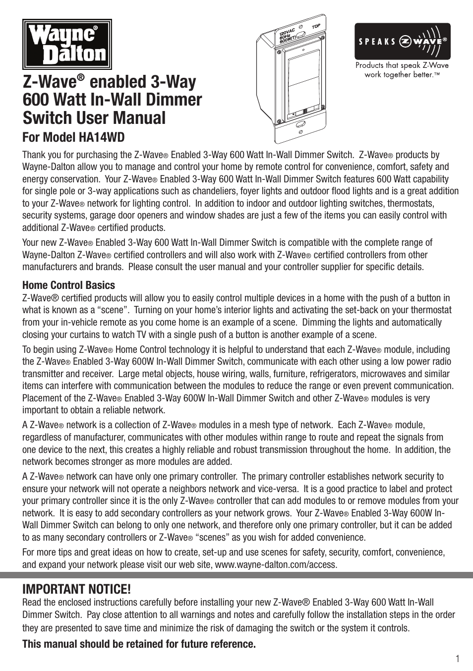 Wayne-Dalton Z-WAVE HA14WD User Manual | 6 pages