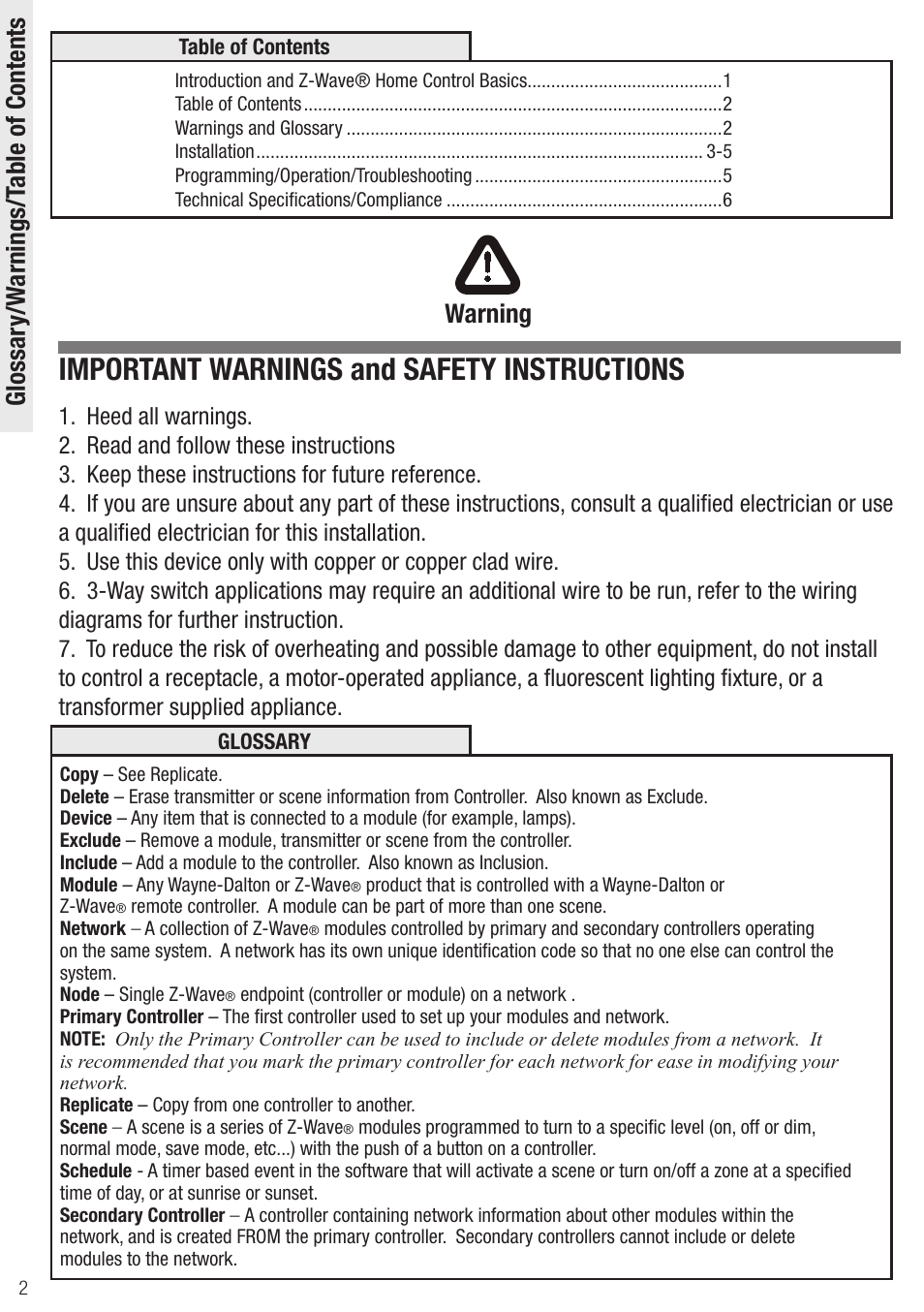 Important warnings and safety instructions, Glossar y/w arnings/ table of contents, Warning | Wayne-Dalton Z-WAVE HA14WD User Manual | Page 2 / 6