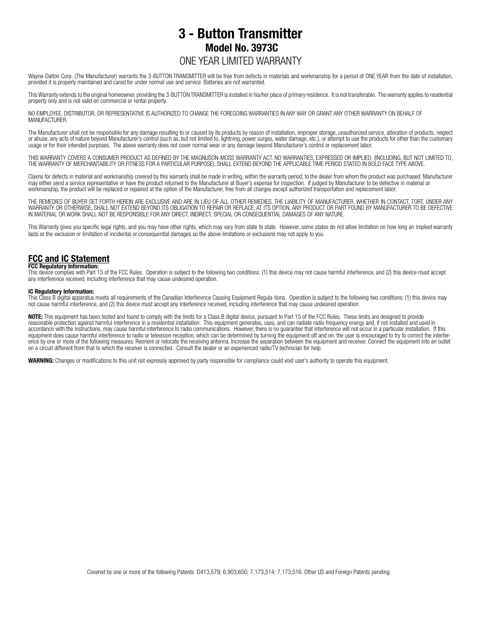 3 - button transmitter, Model no. 3973c one year limited warranty, Fcc and ic statement | Wayne-Dalton 3973C User Manual | Page 2 / 2