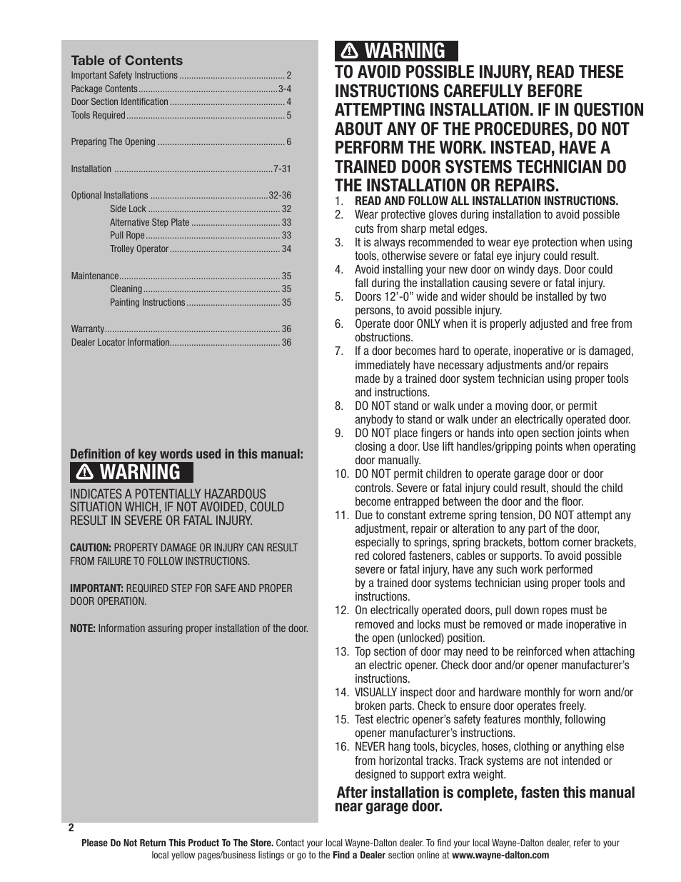Warning | Wayne-Dalton TORQUEMASTER 46 User Manual | Page 2 / 36