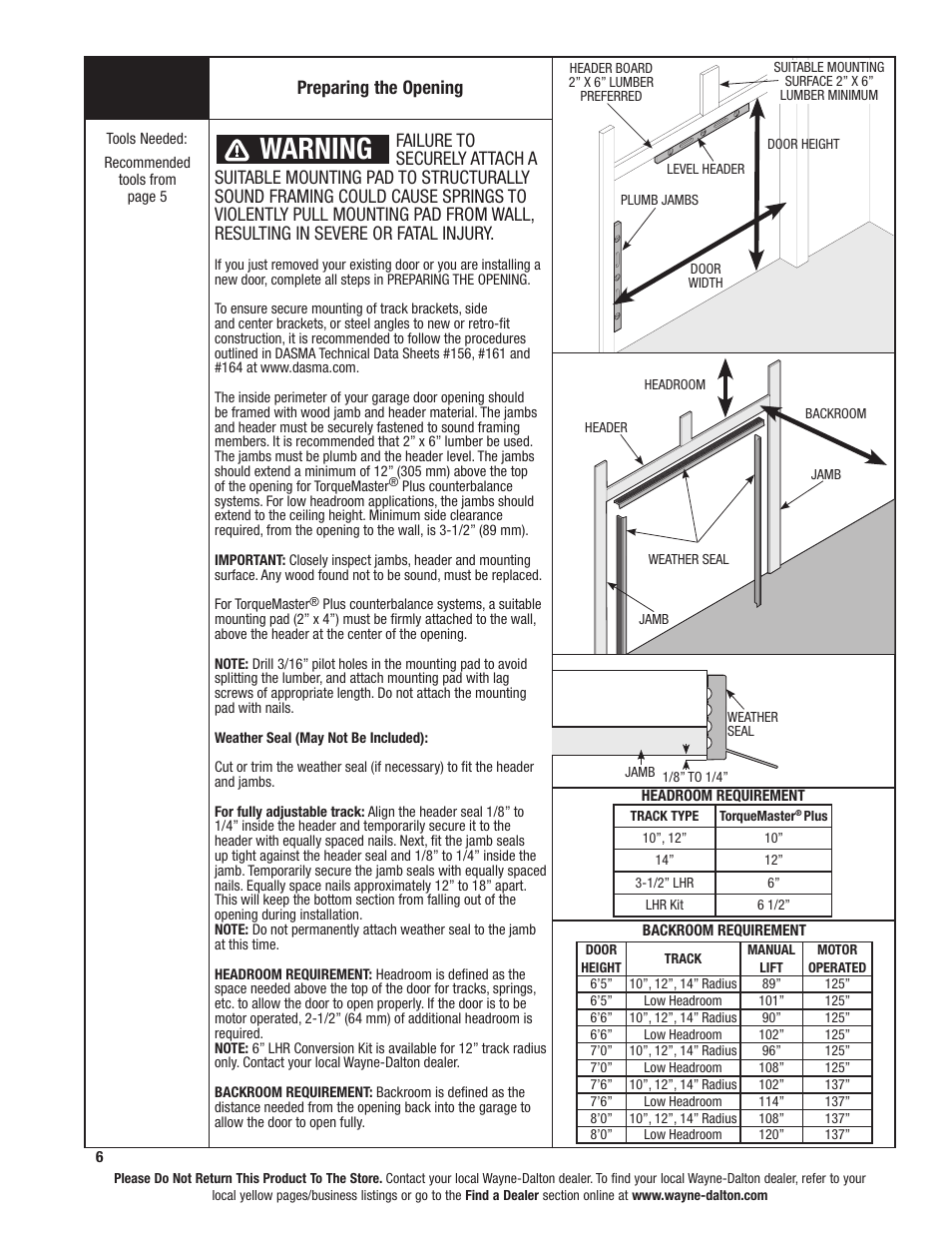 Warning, Preparing the opening | Wayne-Dalton TORQUEMASTER 46 User Manual | Page 6 / 36