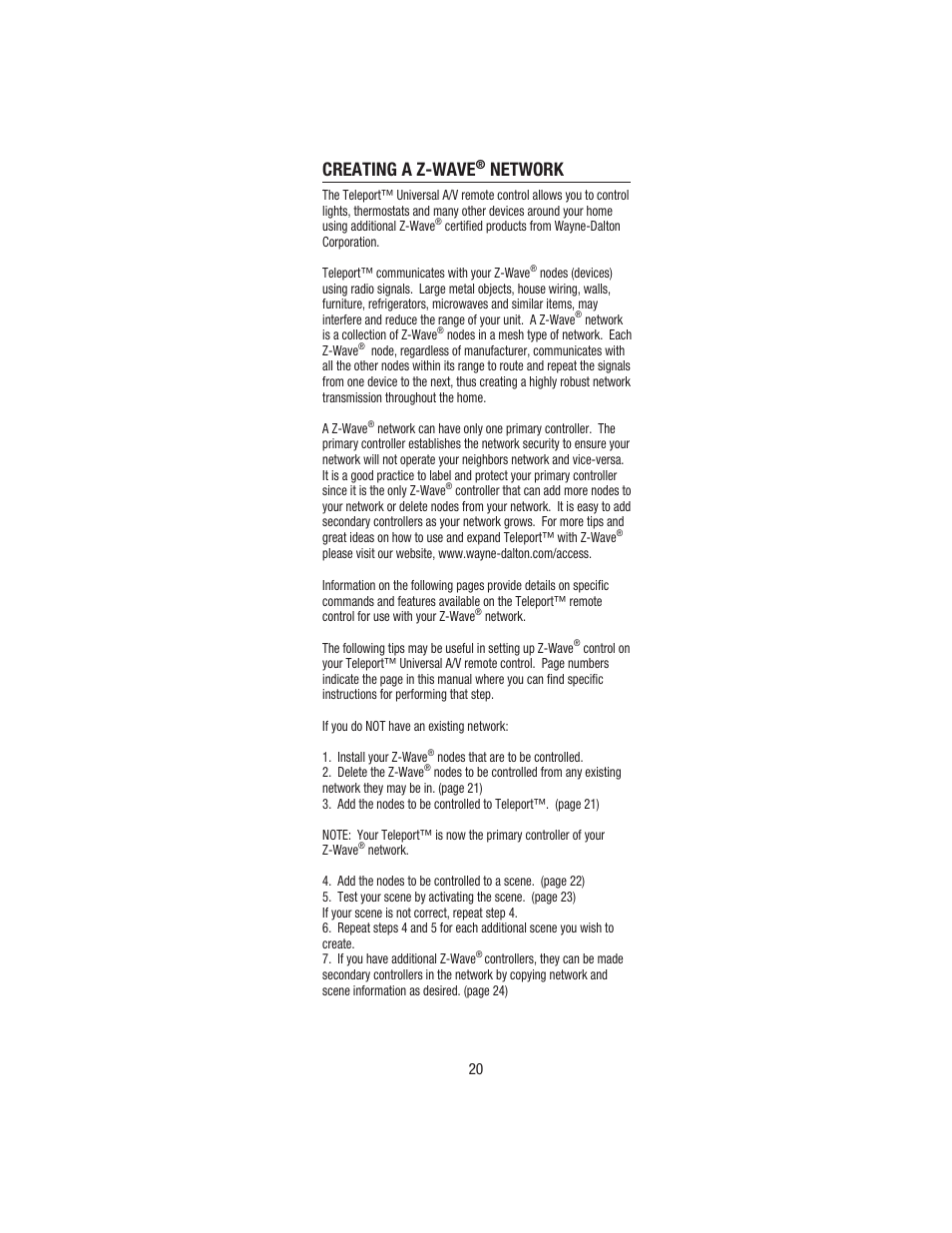 Creating a z-wave, Network | Wayne-Dalton TELEPORT WDHC-20 User Manual | Page 20 / 70