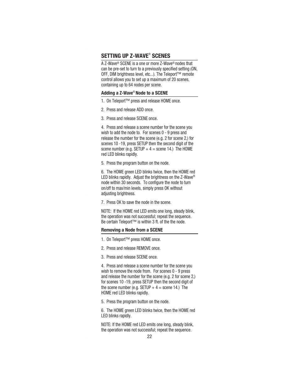 Setting up z-wave, Scenes | Wayne-Dalton TELEPORT WDHC-20 User Manual | Page 22 / 70