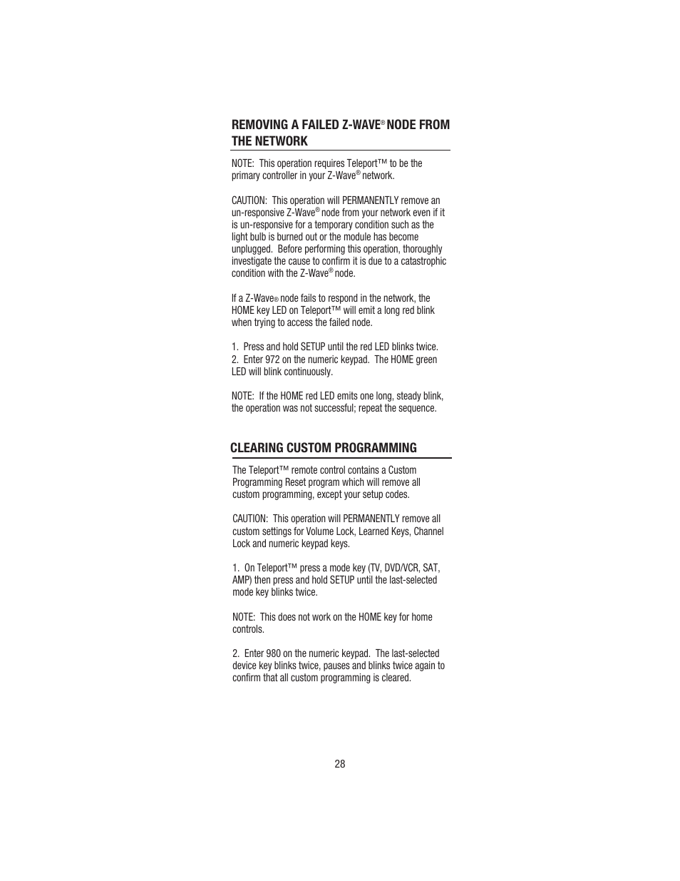 Removing a failed z-wave, Node from the network, Clearing custom programming | Wayne-Dalton TELEPORT WDHC-20 User Manual | Page 28 / 70
