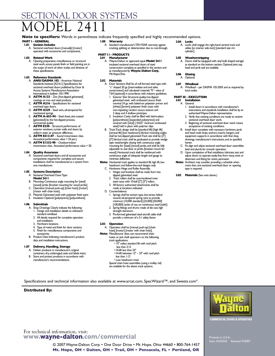 Model 2411, For technical information, visit | Wayne-Dalton 2411 User Manual | Page 4 / 4