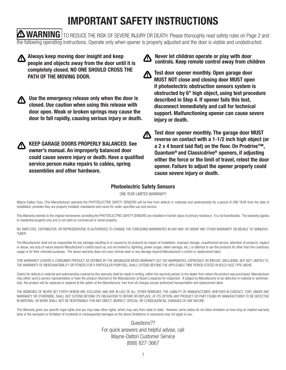 Important safety instructions, Warning | Wayne-Dalton 3750-372 User Manual | Page 7 / 8