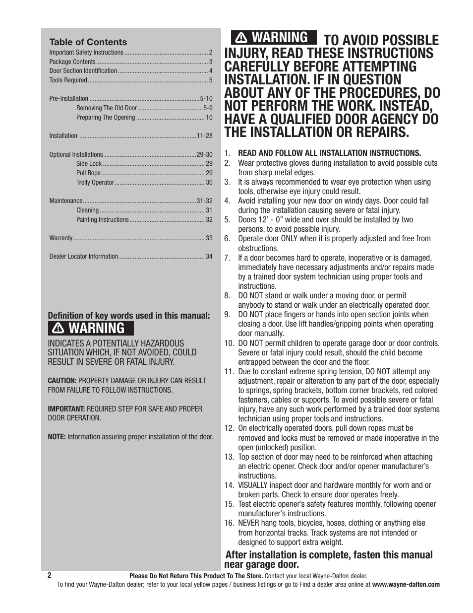 Warning | Wayne-Dalton 341785 User Manual | Page 2 / 34