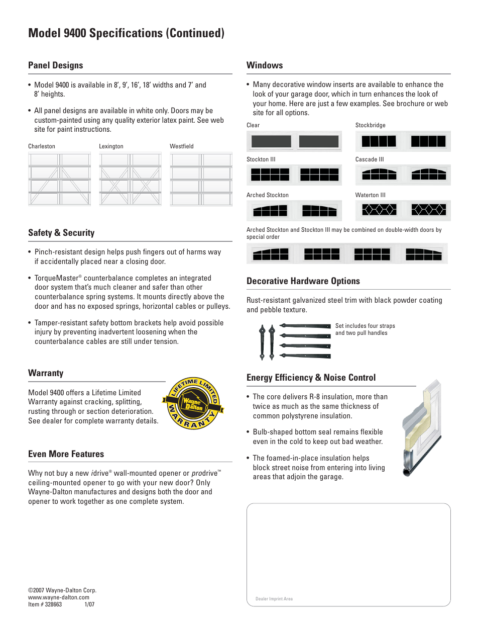 Model 9400 specifications (continued), Panel designs, Safety & security | Energy efficiency & noise control, Warranty, Windows, Decorative hardware options, Even more features | Wayne-Dalton 9400 User Manual | Page 2 / 2