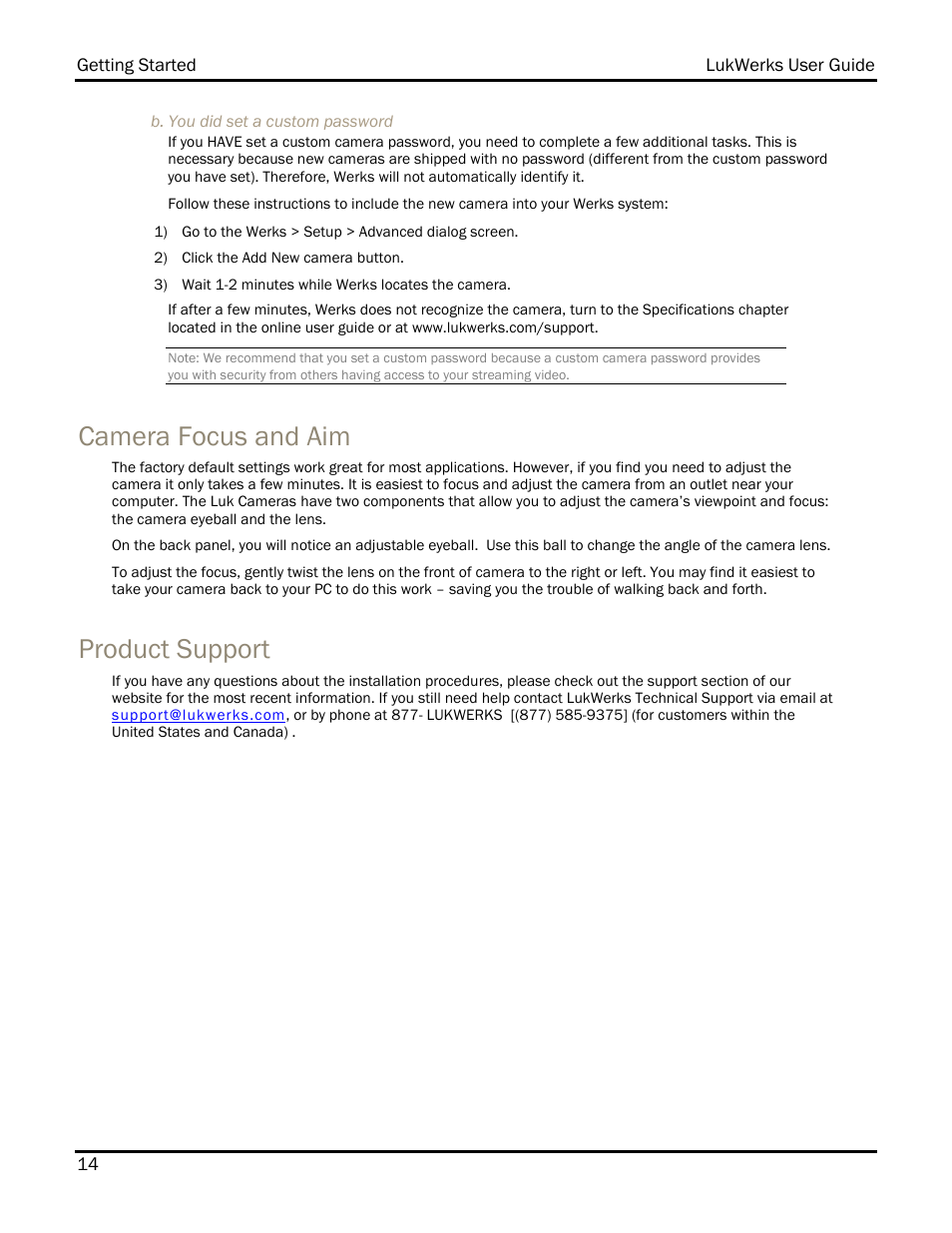 Camera focus and aim, Product support | WiLife DVS-110I User Manual | Page 22 / 94